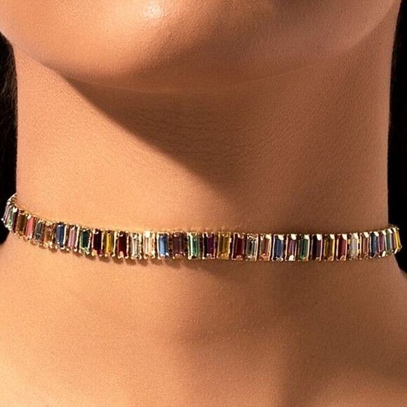 Gold Baguette Multicolor Rhinestone Choker Earrings Bracelet Matching Set 18k - Picture 6 of 12
